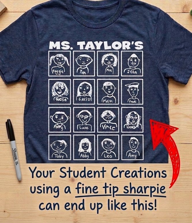 Self-portrait class shirt made from student Sharpie drawings